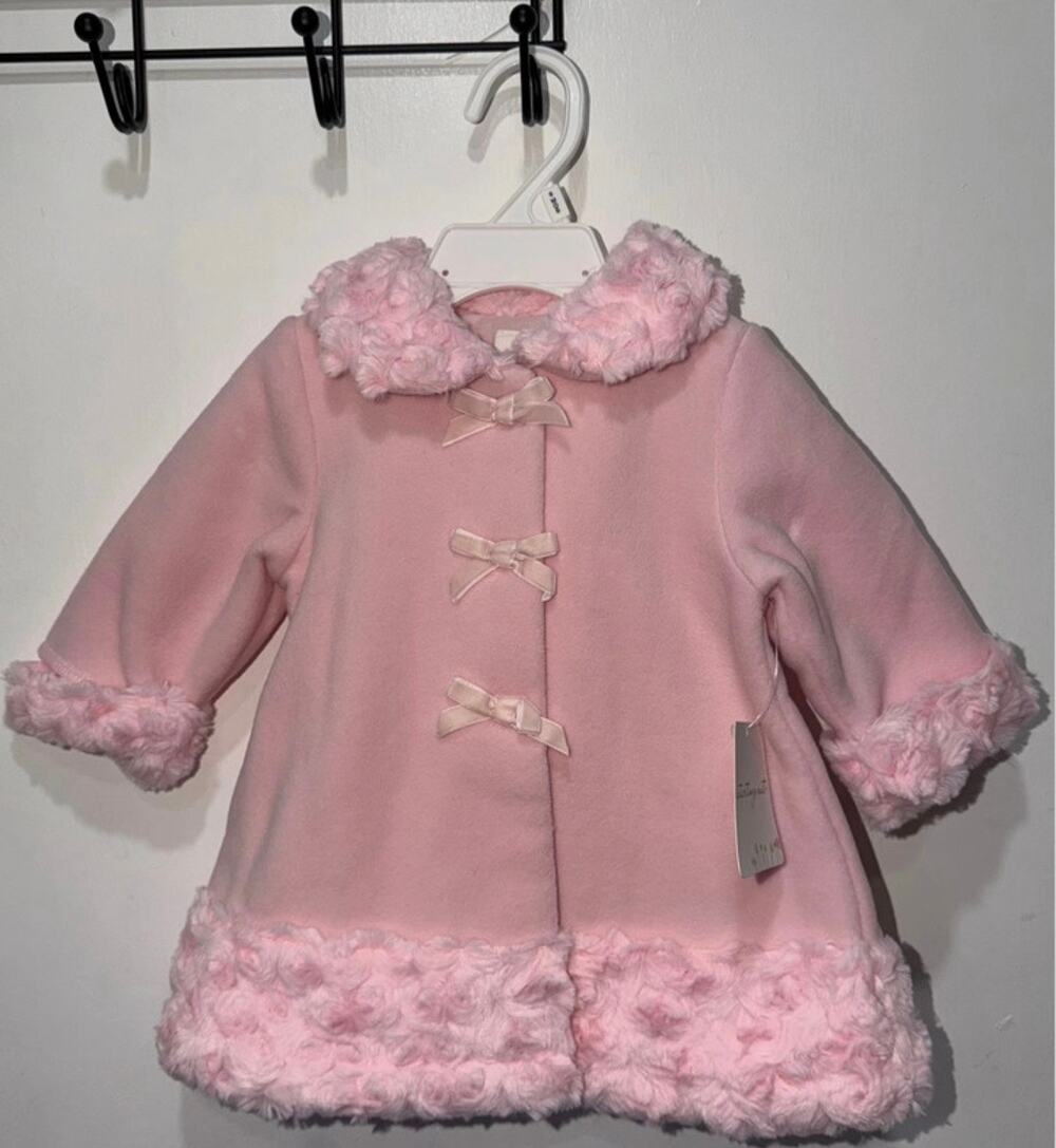 NWT Baby Girl Pink Fleece Peacoat Jacket with Faux Fur Trim 3-6 Month